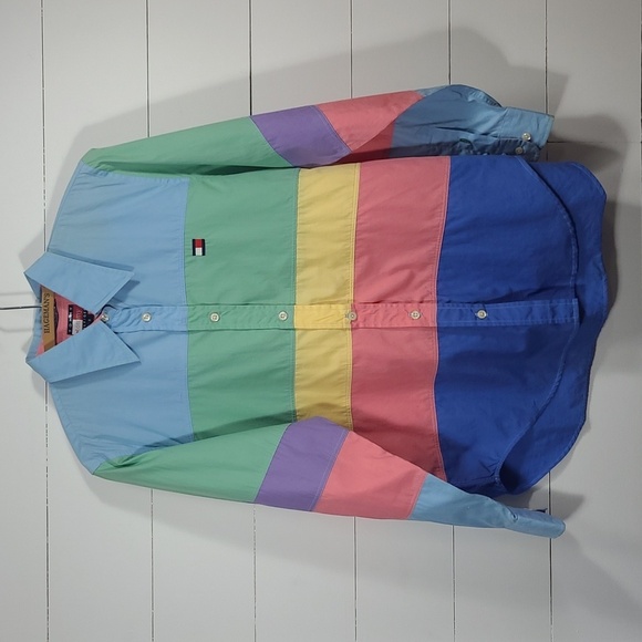EUC Vintage 90's Tommy Hilfiger Rainbow Stripe Button Down Shirt Women's sz 8 - Picture 2 of 6